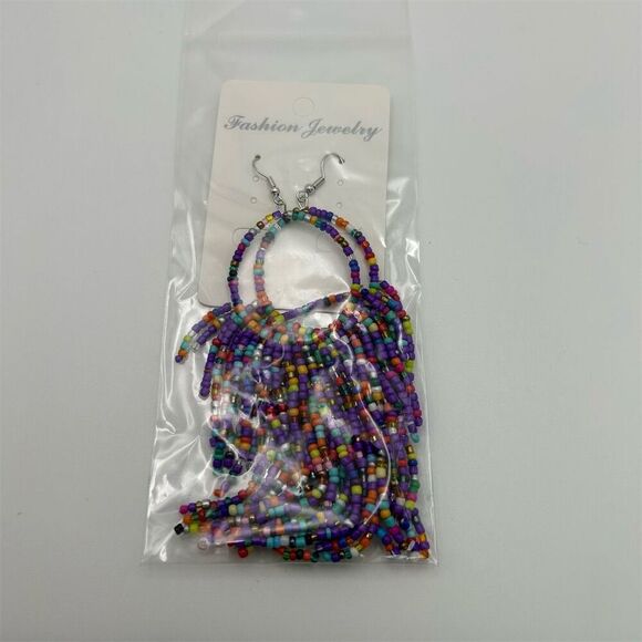 Bohemian Seed Beaded Purple Tassel Fringe Pierced Long Dangle Earrings - Picture 4 of 5